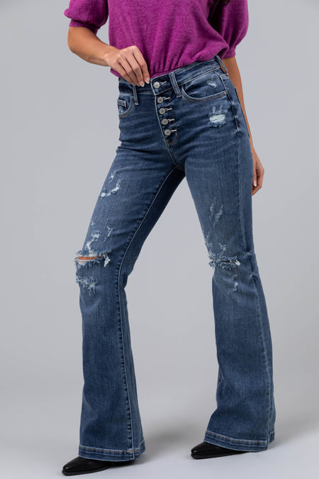 Judy Blue Dark Wash Distressed Flare Jeans