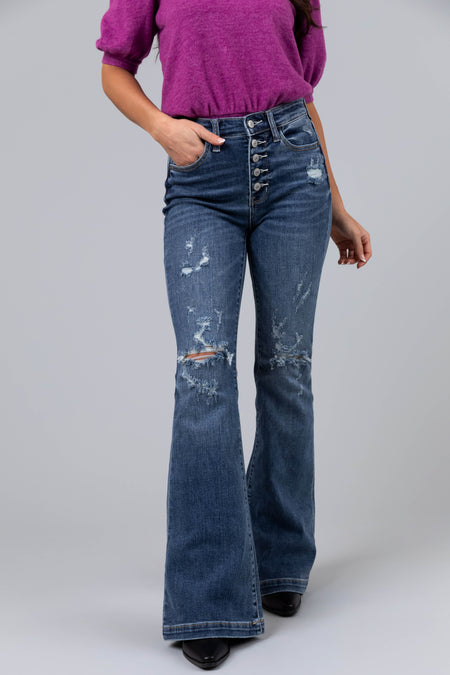 Judy Blue Dark Wash Distressed Flare Jeans