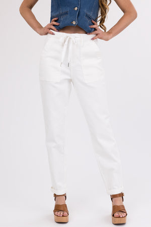 Judy Blue Ivory Drawstring High Waist Jeans