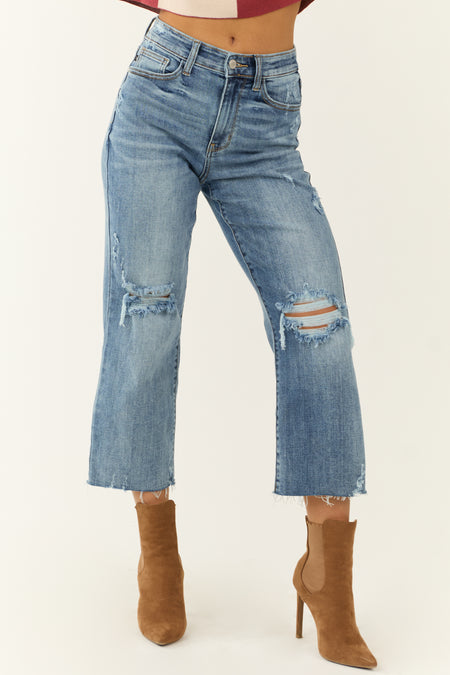 Judy Blue Light Wash Distressed Wide Crop Jeans