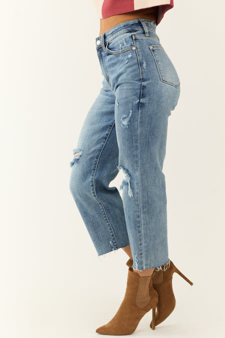 Judy Blue Light Wash Distressed Wide Crop Jeans