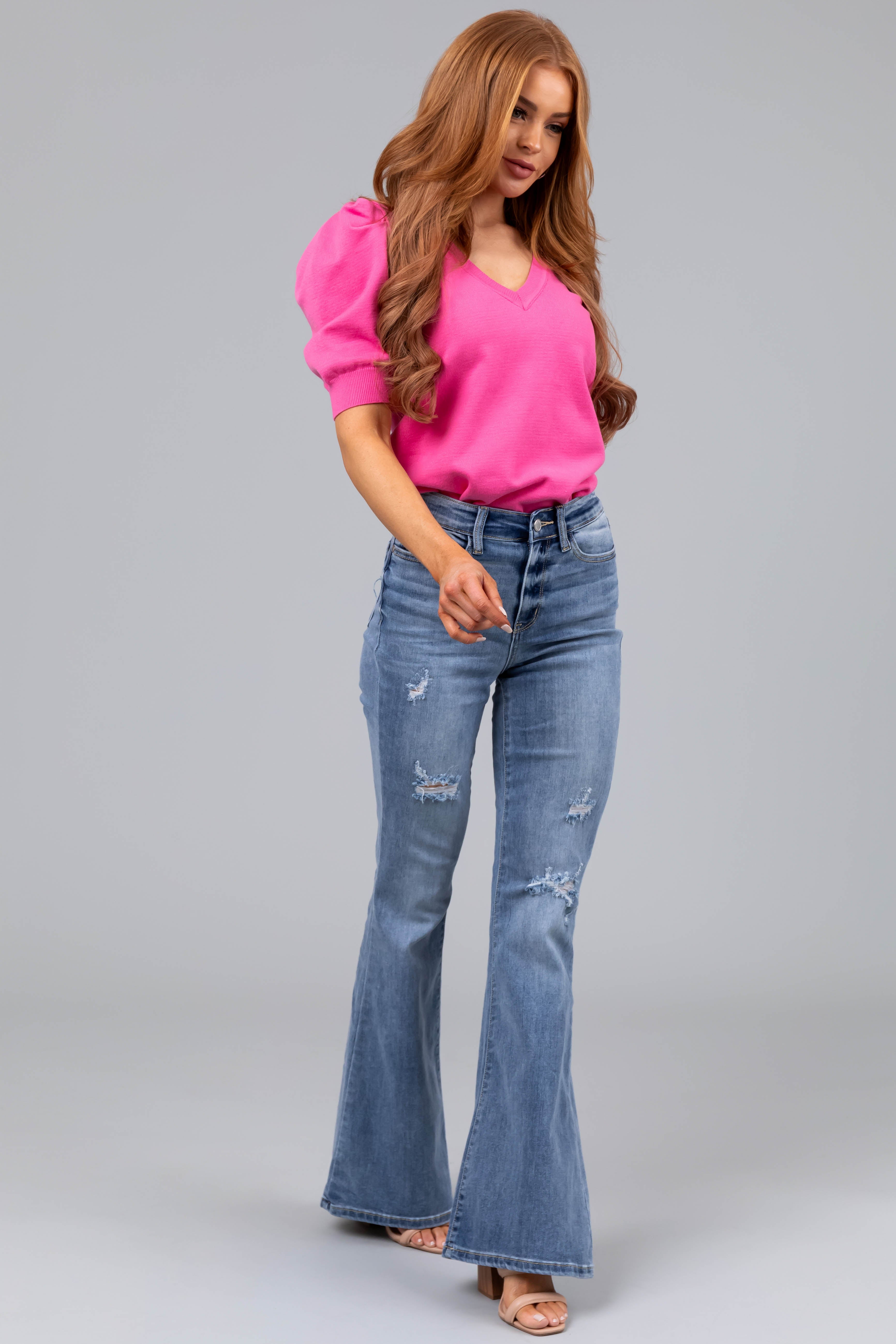 Judy Blue Light Wash Flare Leg Distressed Jeans