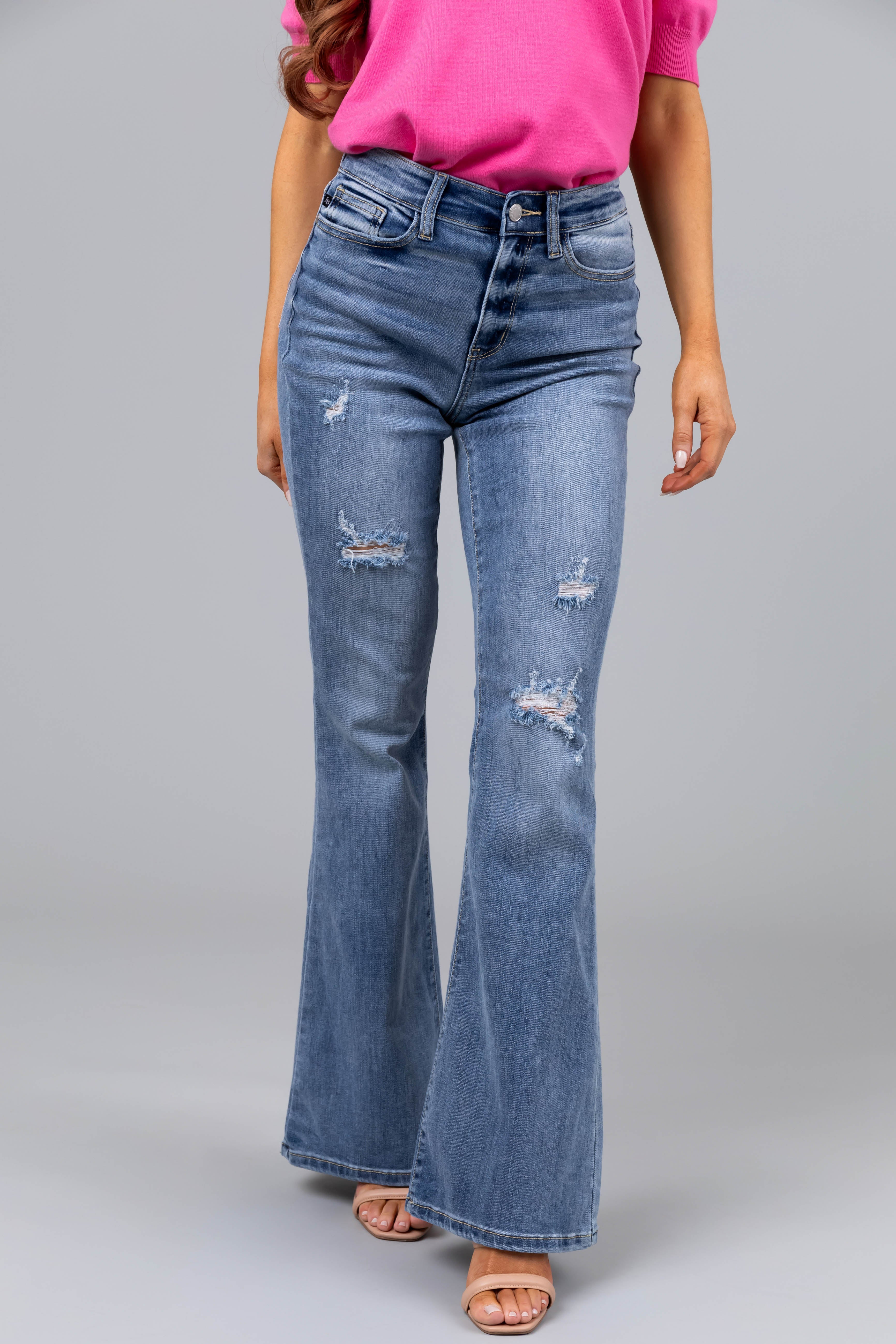 Judy Blue Light Wash Flare Leg Distressed Jeans