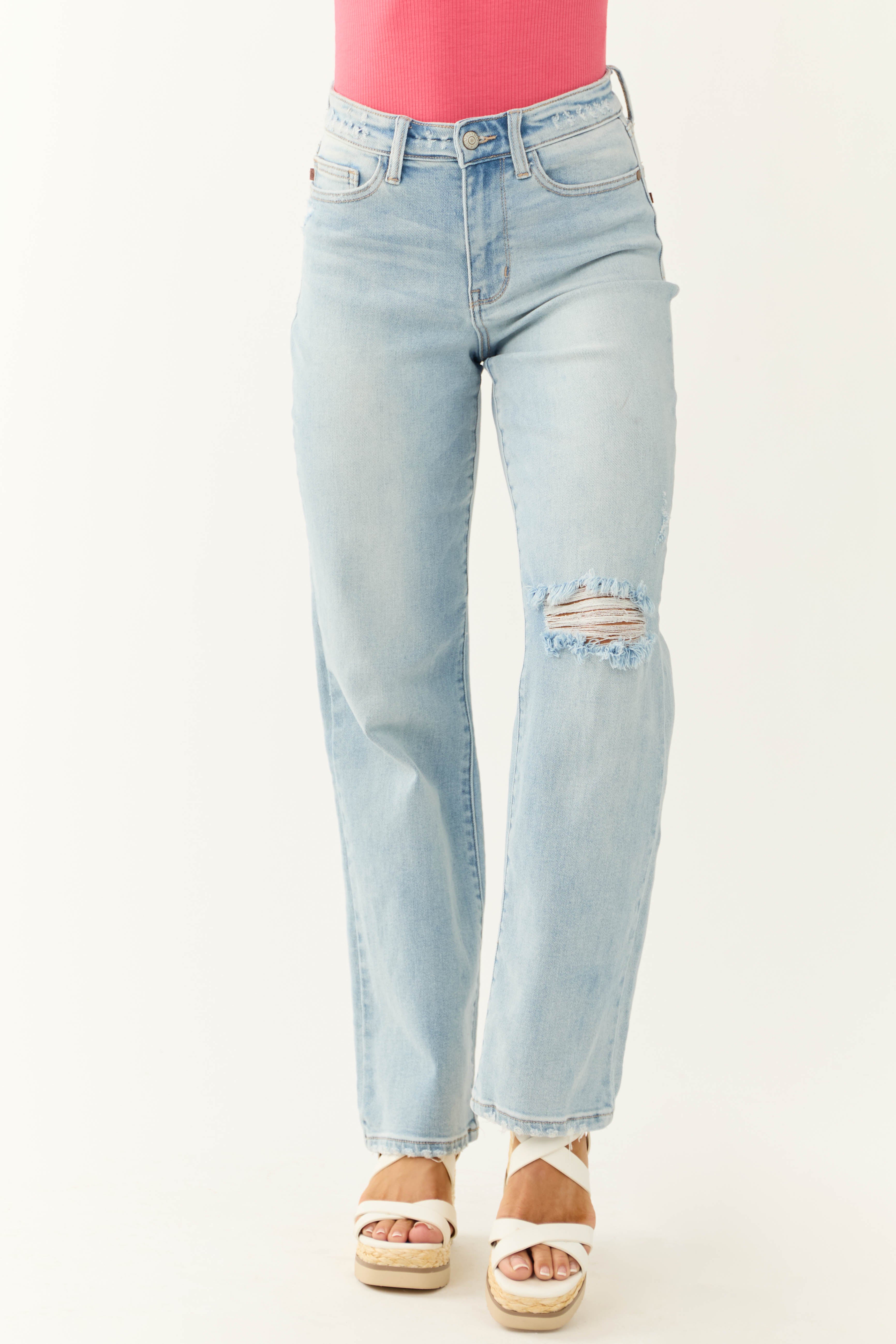 Judy Blue Light Wash Wide Leg Distressed Jeans