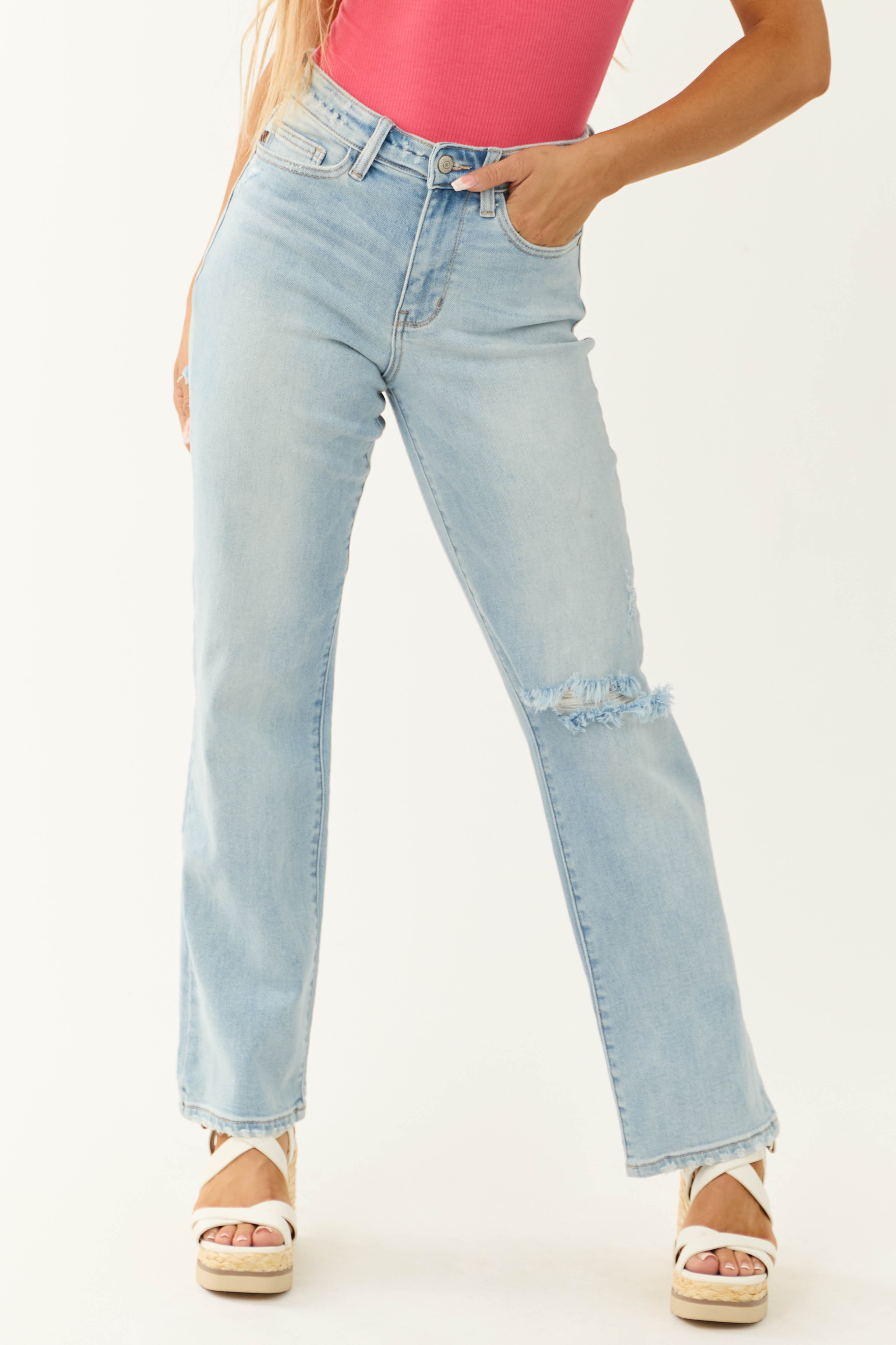 Judy Blue Light Wash Wide Leg Distressed Jeans