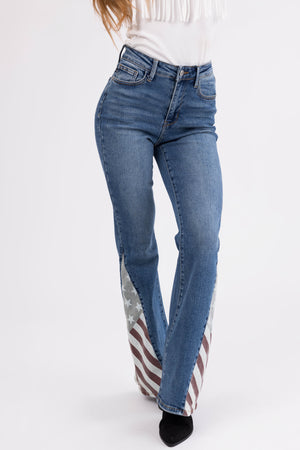 Judy Blue Medium Wash American Print Flare Jeans