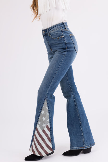 Judy Blue Medium Wash American Print Flare Jeans