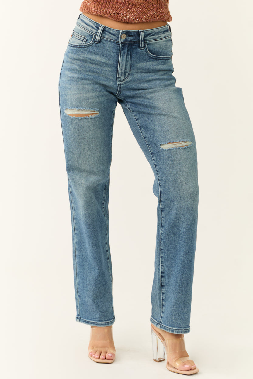 Judy Blue Medium Wash Distressed Detail Dad Jeans