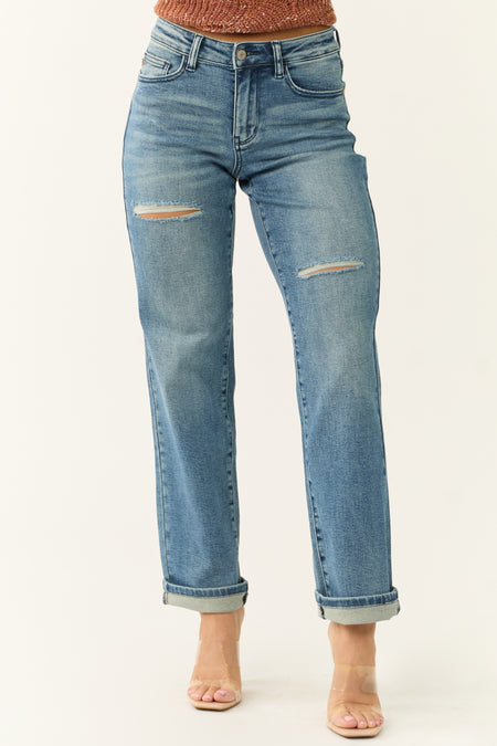 Judy Blue Medium Wash Distressed Detail Dad Jeans