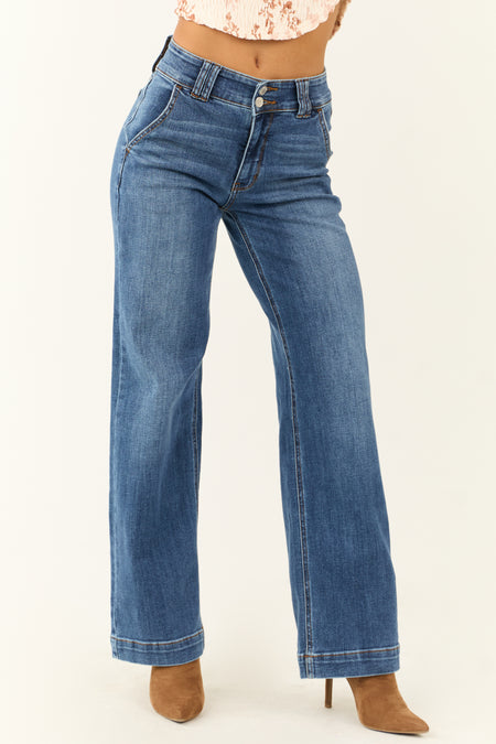 Judy Blue Medium Wash Double Button Wide Leg Jeans