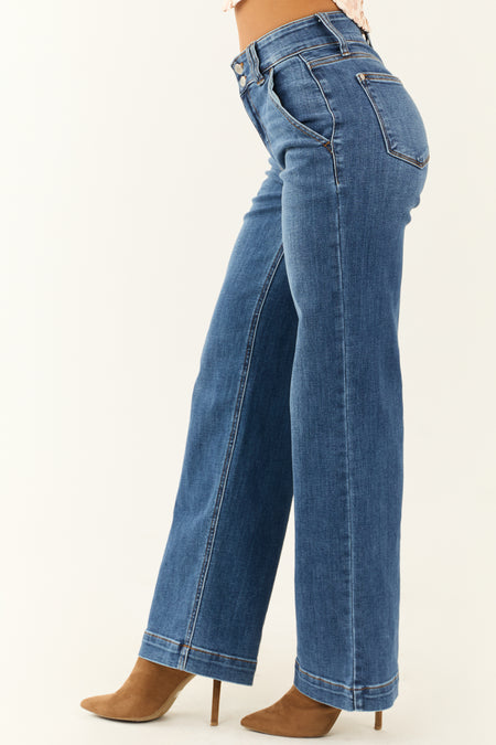 Judy Blue Medium Wash Double Button Wide Leg Jeans