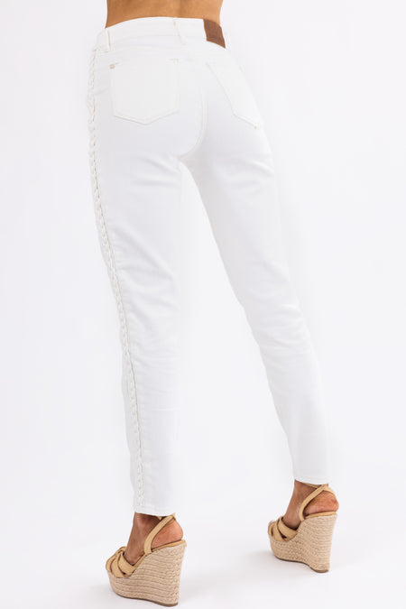 Judy Blue Off White Braided Relaxed Skinny Jeans