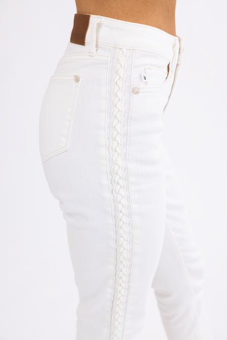 Judy Blue Off White Braided Relaxed Skinny Jeans