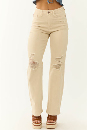 Judy Blue Sand Wide Leg Distressed Knee Jeans