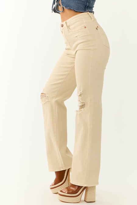 Judy Blue Sand Wide Leg Distressed Knee Jeans