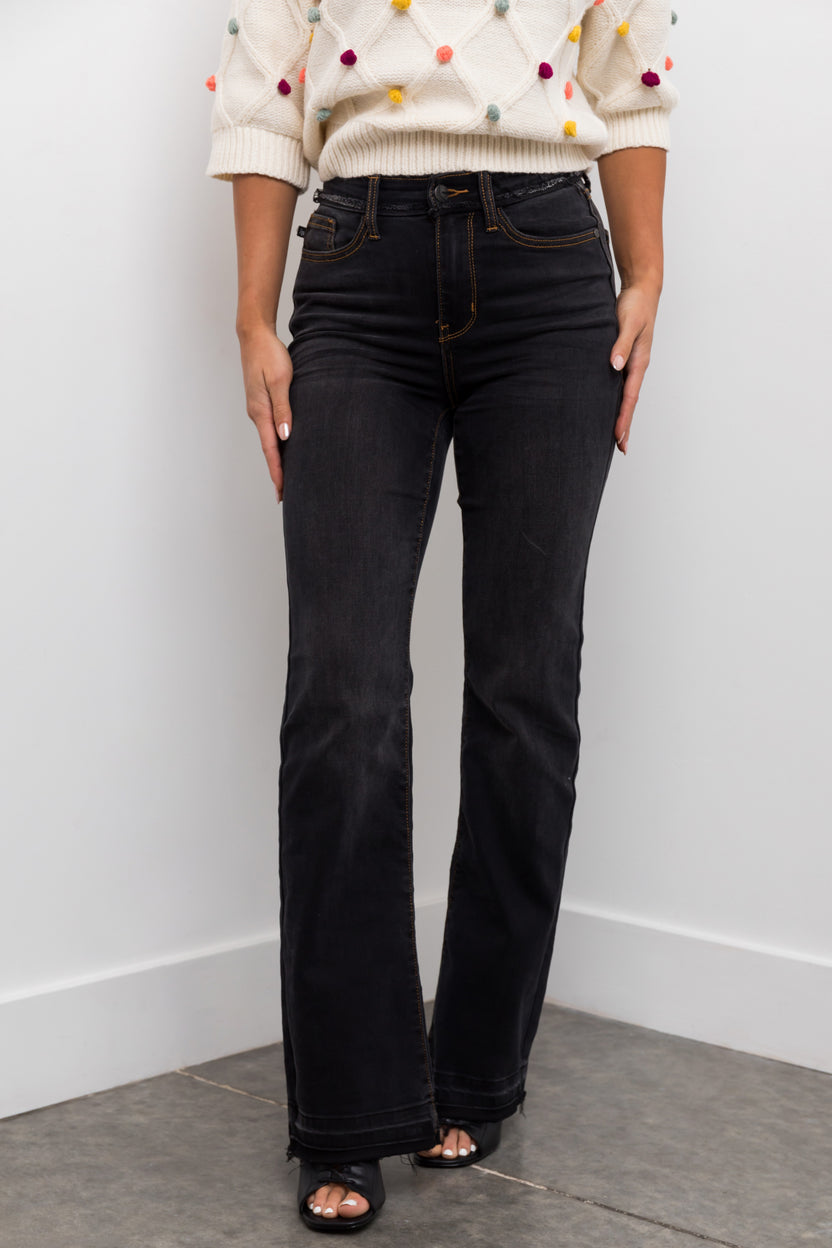 Judy Blue Washed Black High Rise Raw Hem Bootcut Jeans