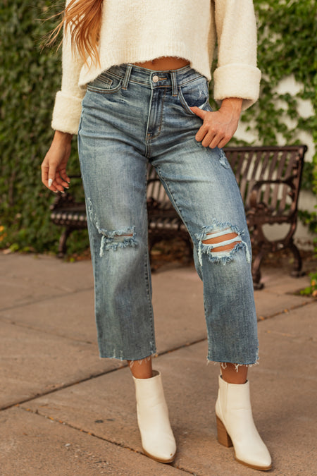 Judy Blue Light Wash Distressed Wide Crop Jeans