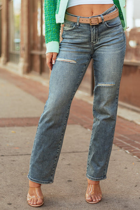 Judy Blue Medium Wash Distressed Detail Dad Jeans