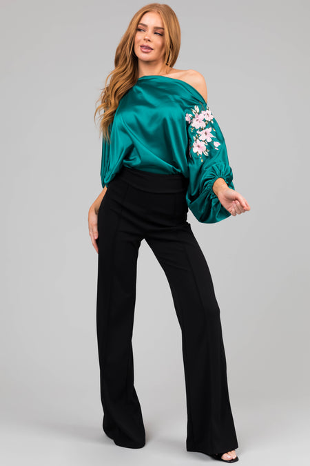 Jungle Green Floral Embroidery Satin Blouse