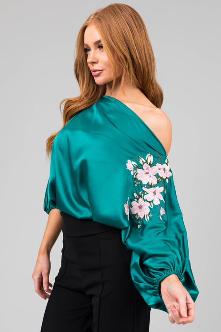 Jungle Green Floral Embroidery Satin Blouse