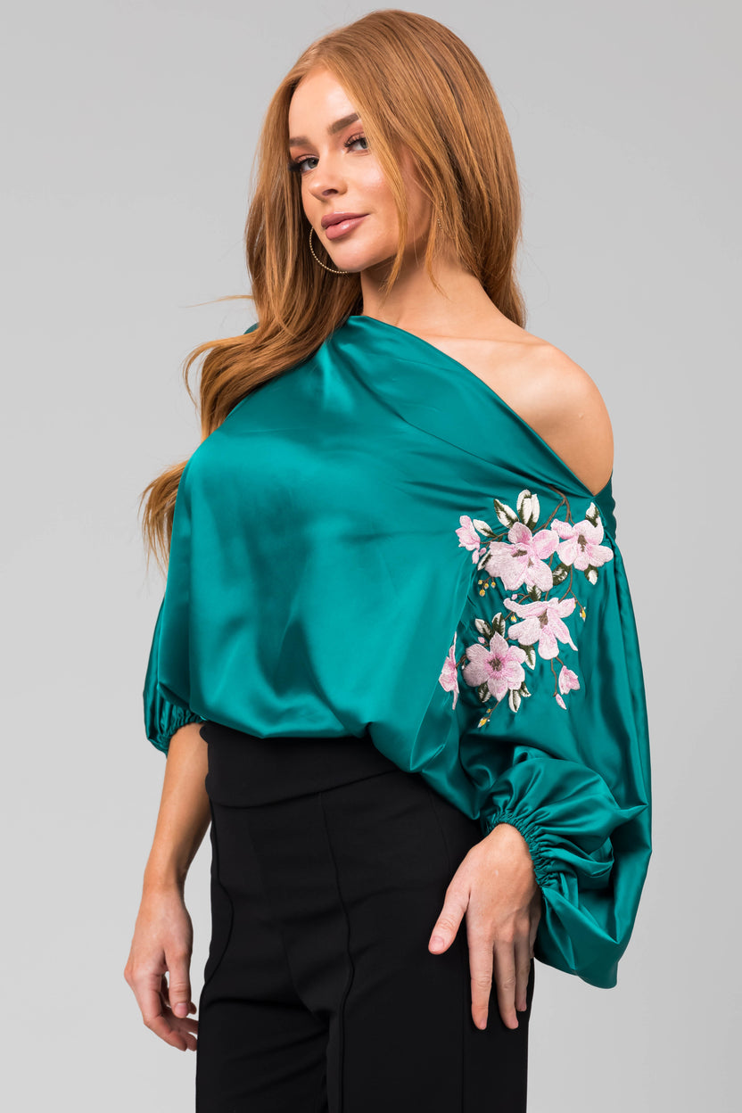 Jungle Green Floral Embroidery Satin Blouse