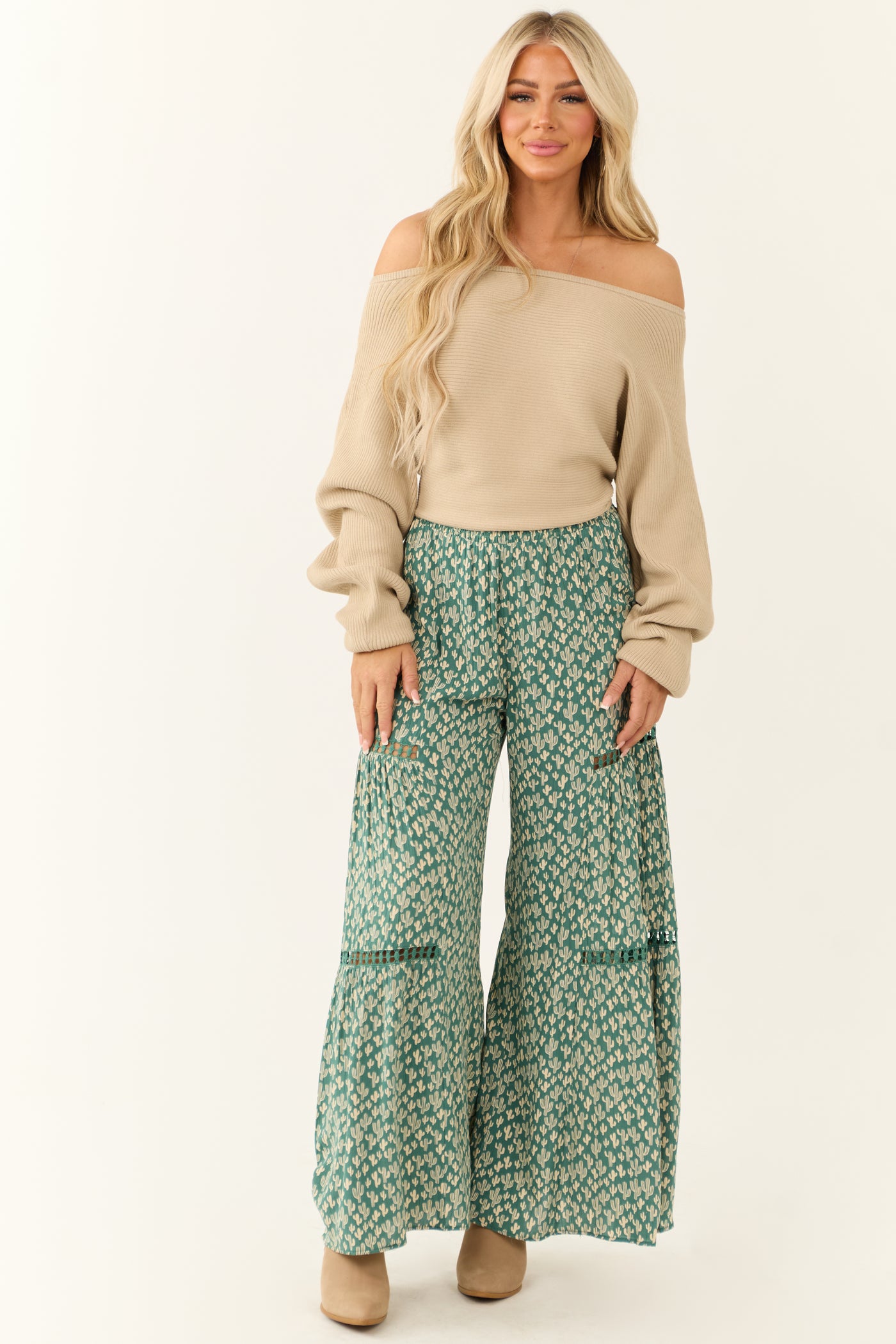 Juniper Cactus Print Smocked Waist Flowy Pants