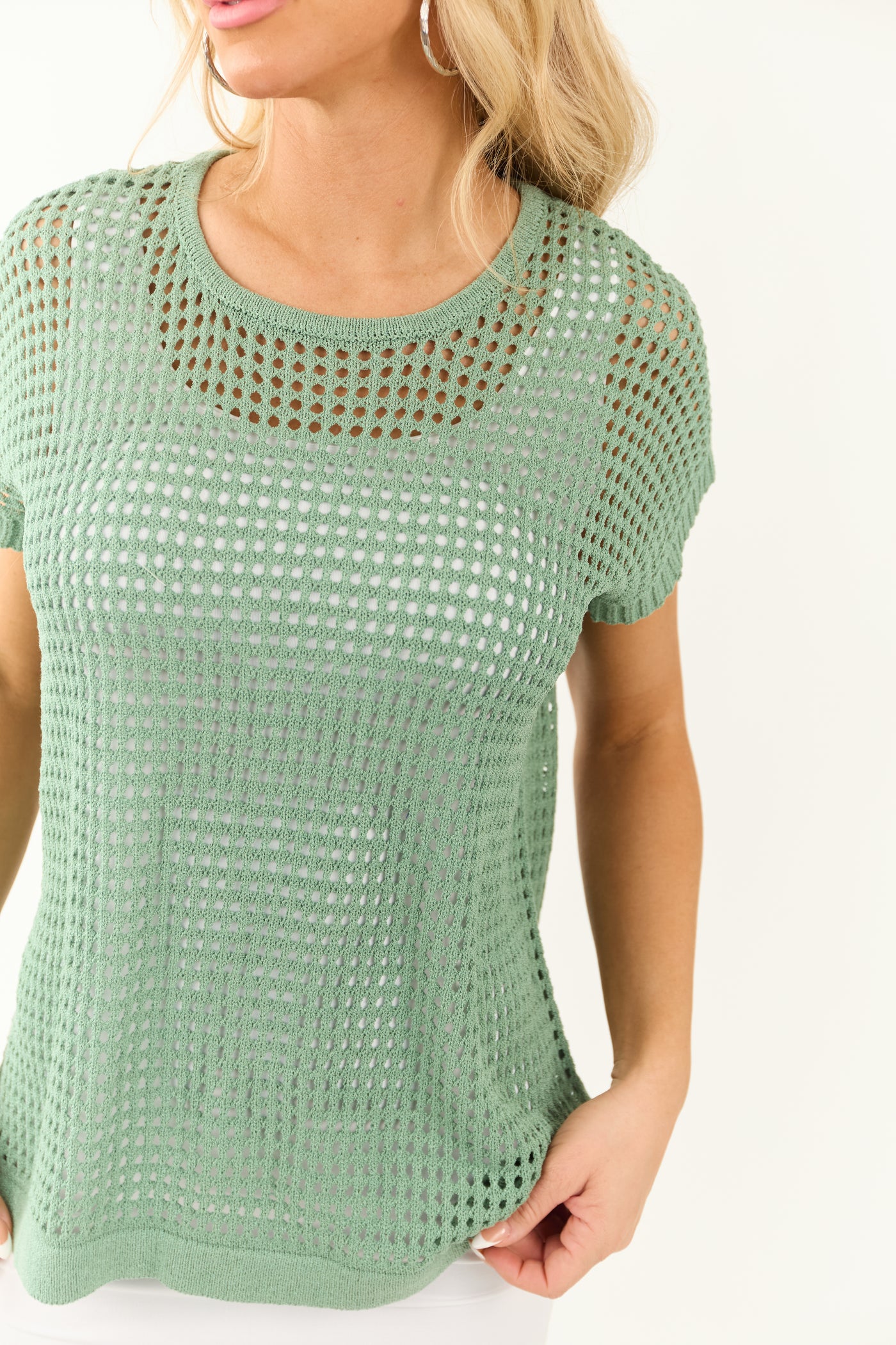 Juniper Cap Sleeve Open Crochet Knit Round Neck Top