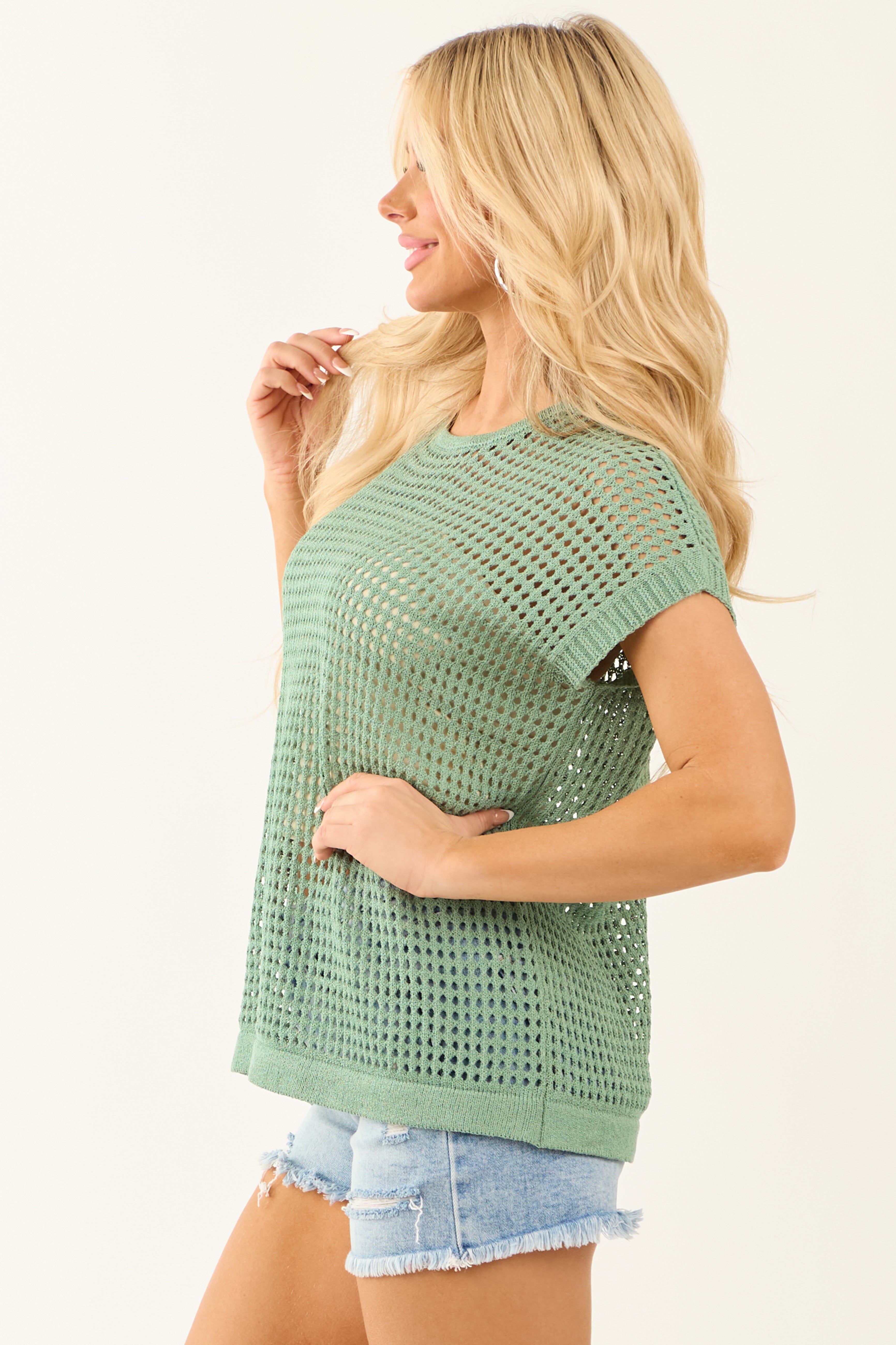 Juniper Cap Sleeve Open Crochet Knit Round Neck Top