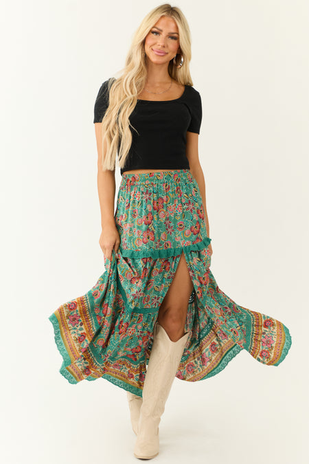 Juniper Floral Print Front Slit Tiered Maxi Skirt