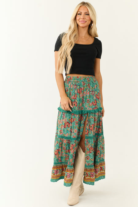 Juniper Floral Print Front Slit Tiered Maxi Skirt