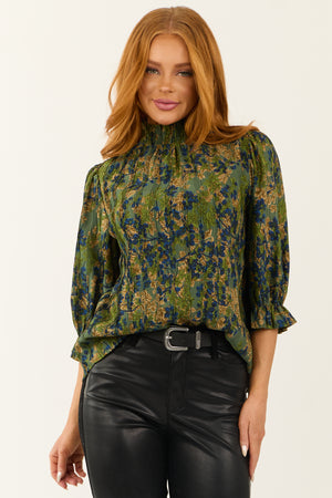 Juniper Floral Print Pleated Mock Neck Top