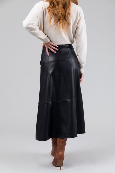 KanCan Black Button Down Faux Leather Midi Skirt