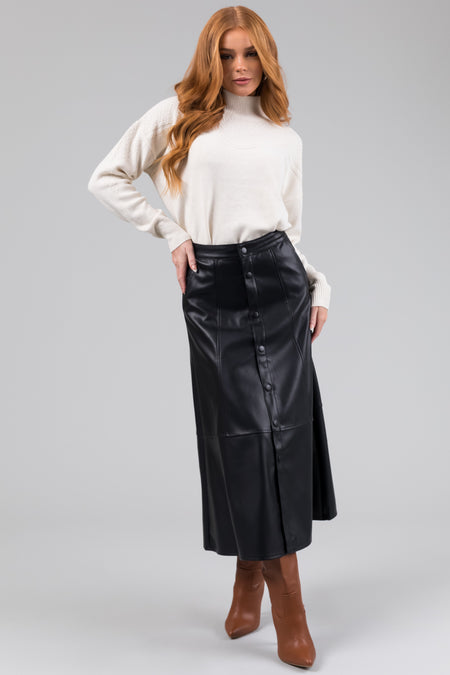 KanCan Black Button Down Faux Leather Midi Skirt