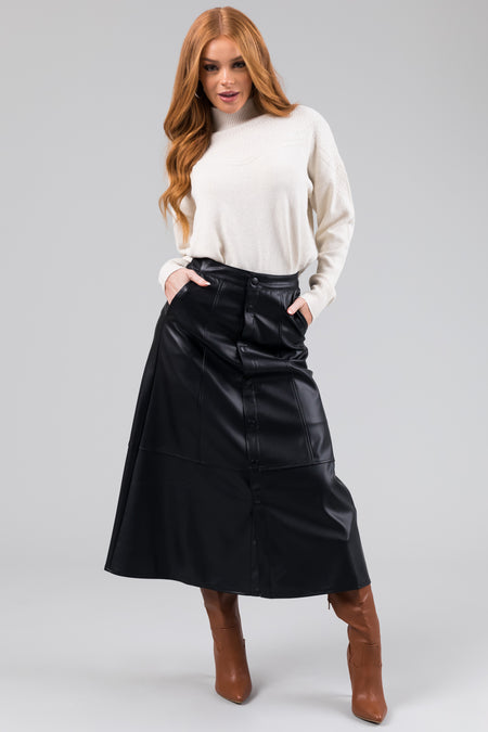 KanCan Black Button Down Faux Leather Midi Skirt