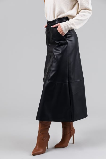 KanCan Black Button Down Faux Leather Midi Skirt