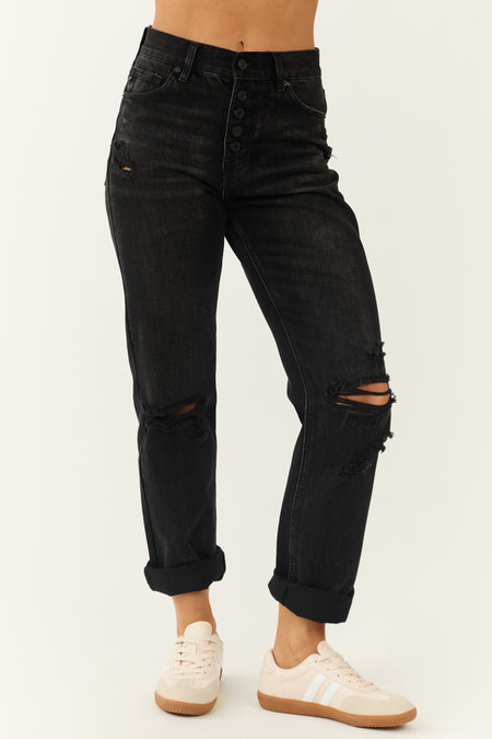 KanCan Charcoal Washed Distressed Straight Jeans