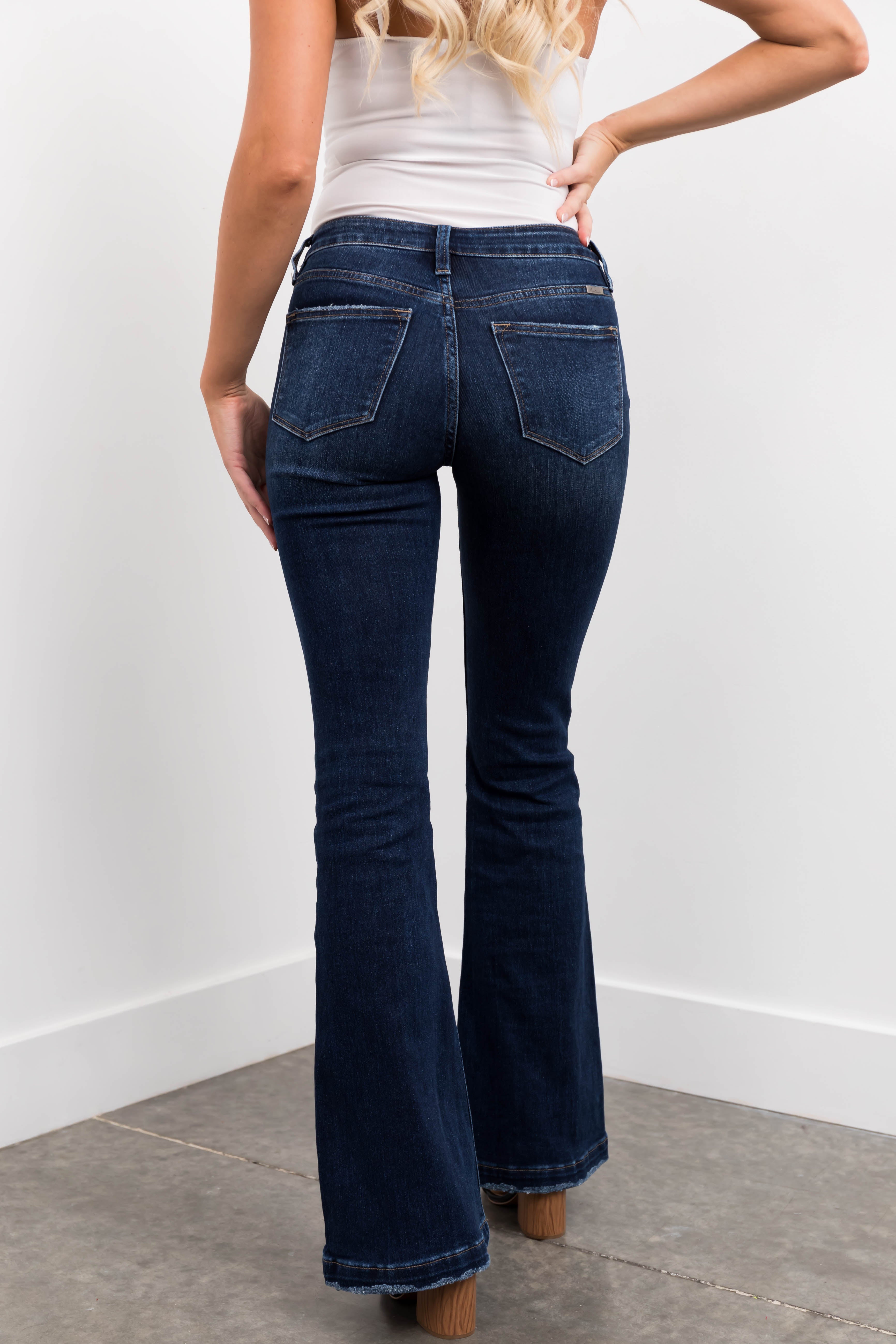 KanCan Dark Mid Rise Flare Jeans with Destroyed Knees