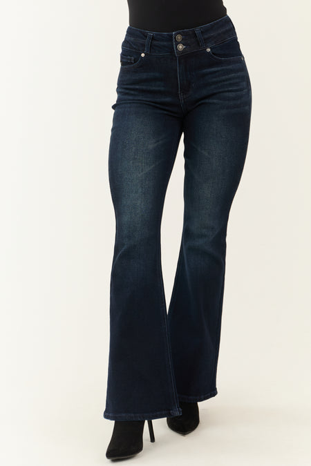 KanCan Dark Wash High Rise Double Button Flare Jeans