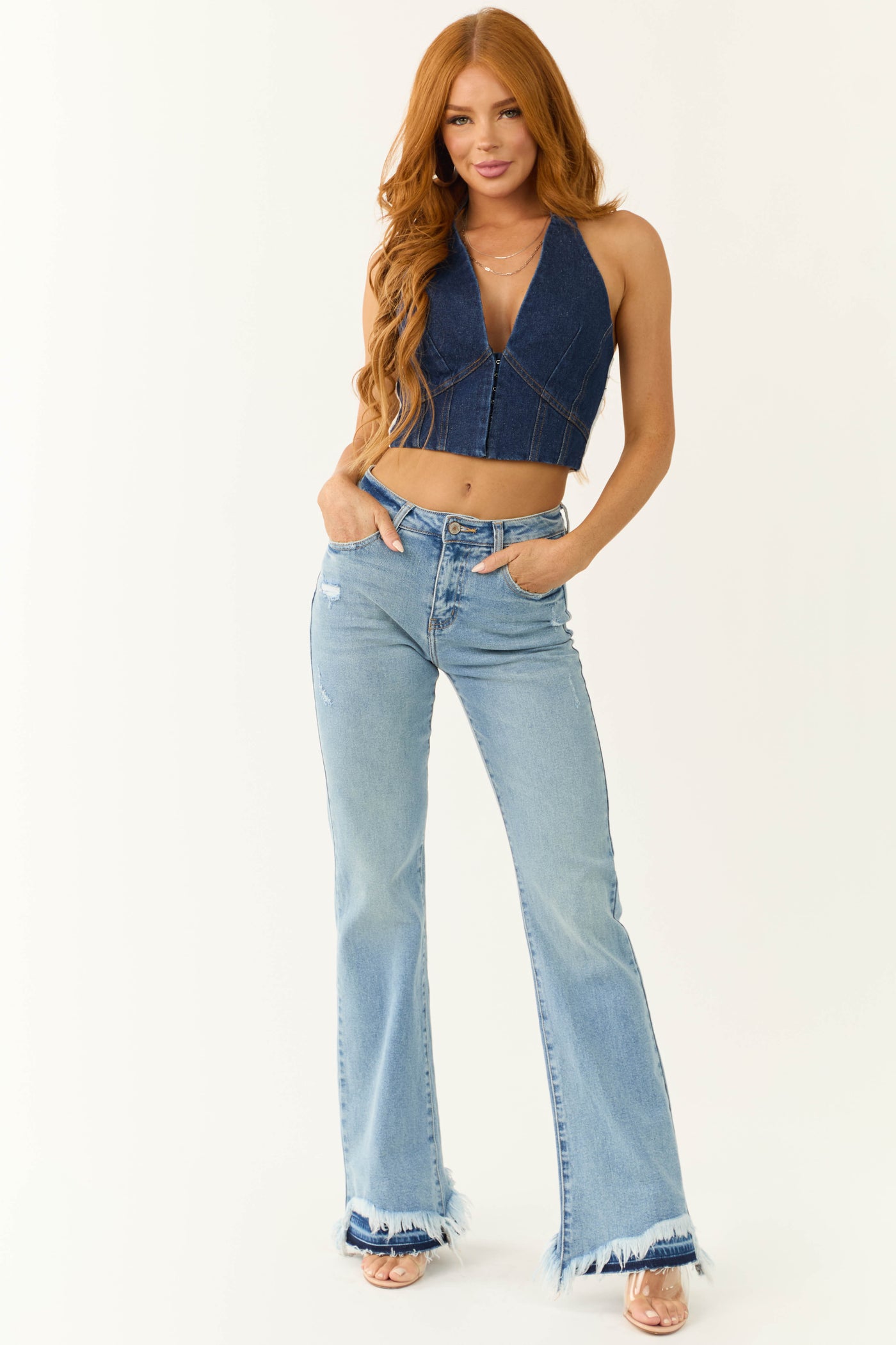 KanCan High Rise Flare Distressed Hem Jeans