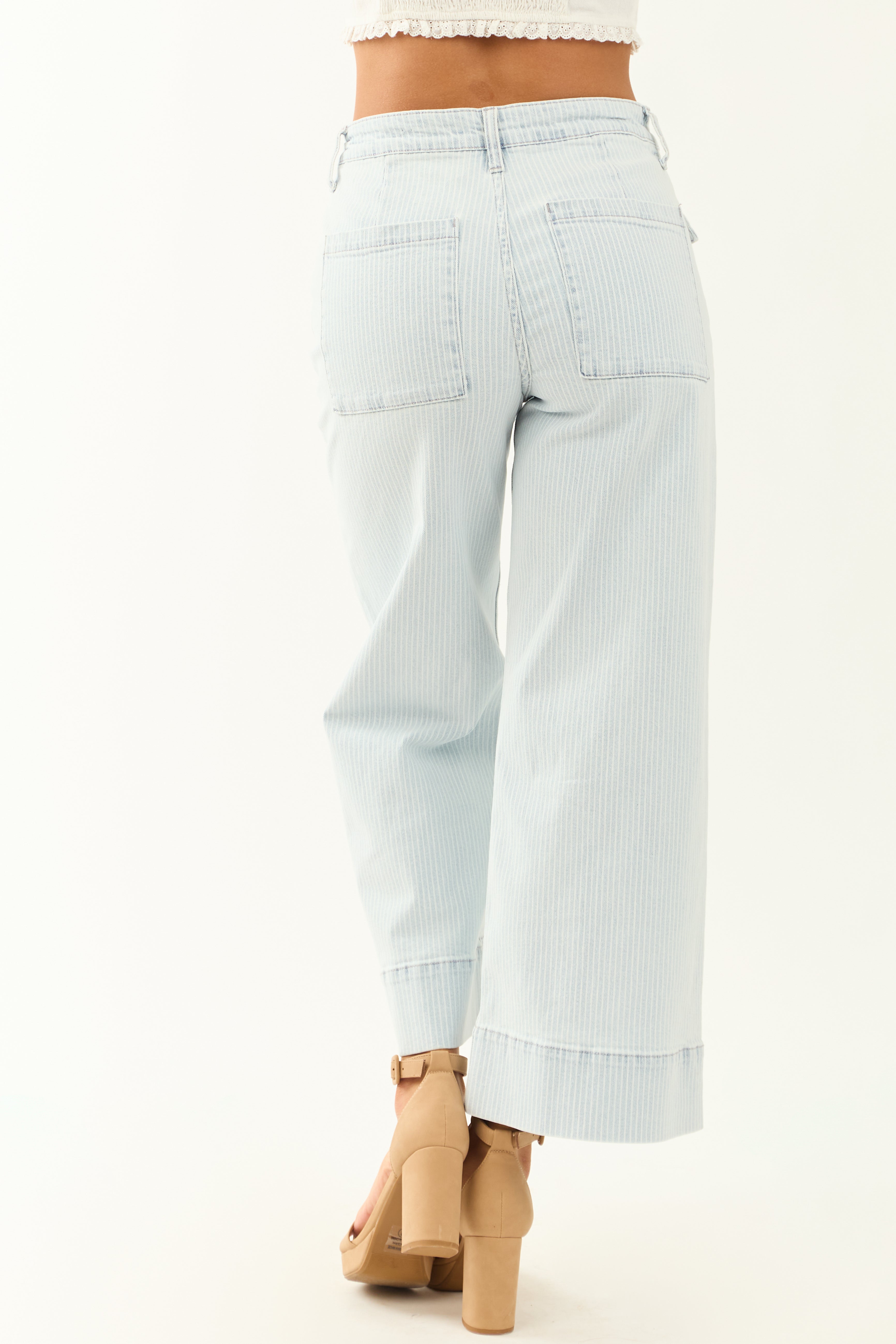 KanCan Light Pin Stripe Patch Pocket Crop Wide Jeans