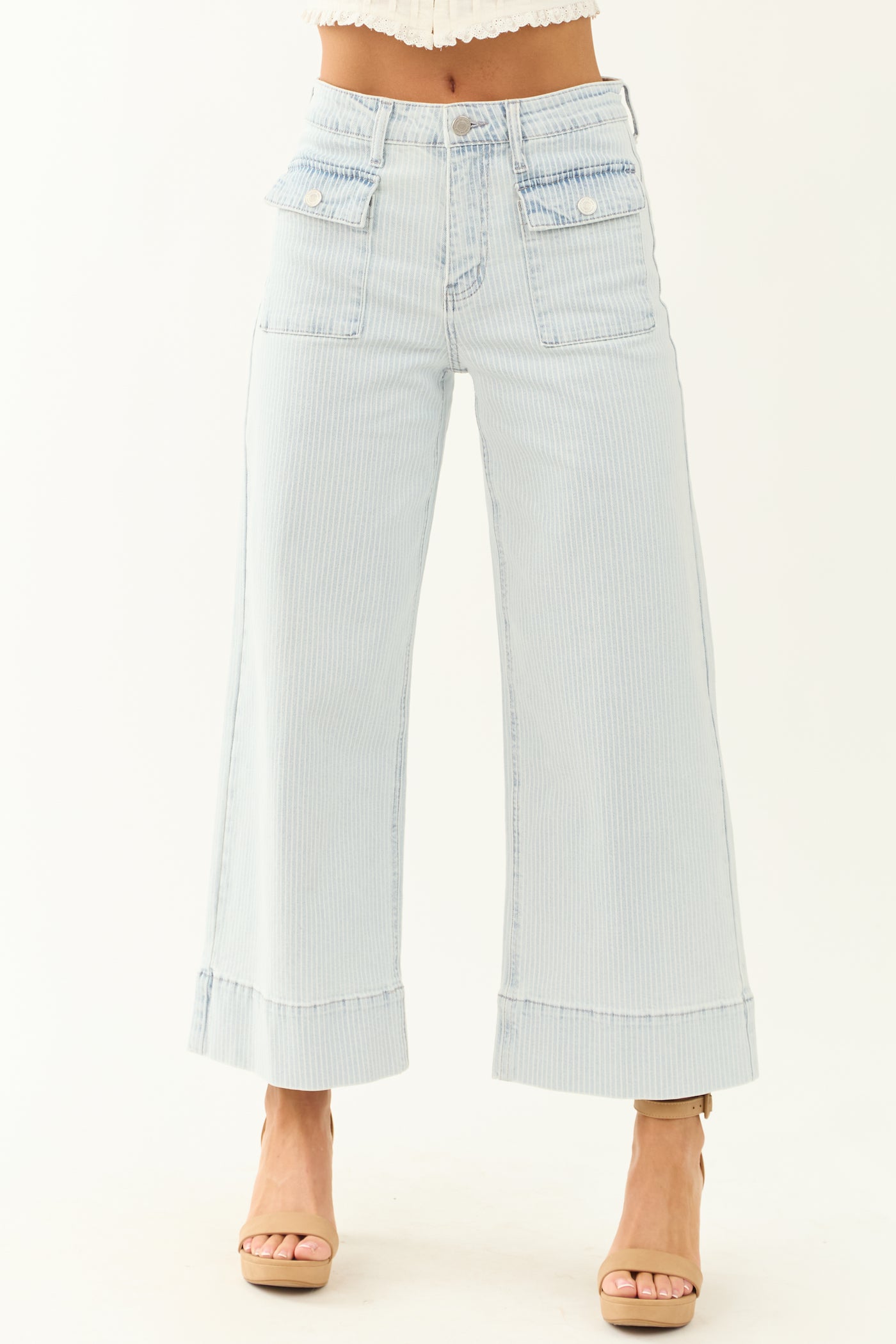 KanCan Light Pin Stripe Patch Pocket Crop Wide Jeans