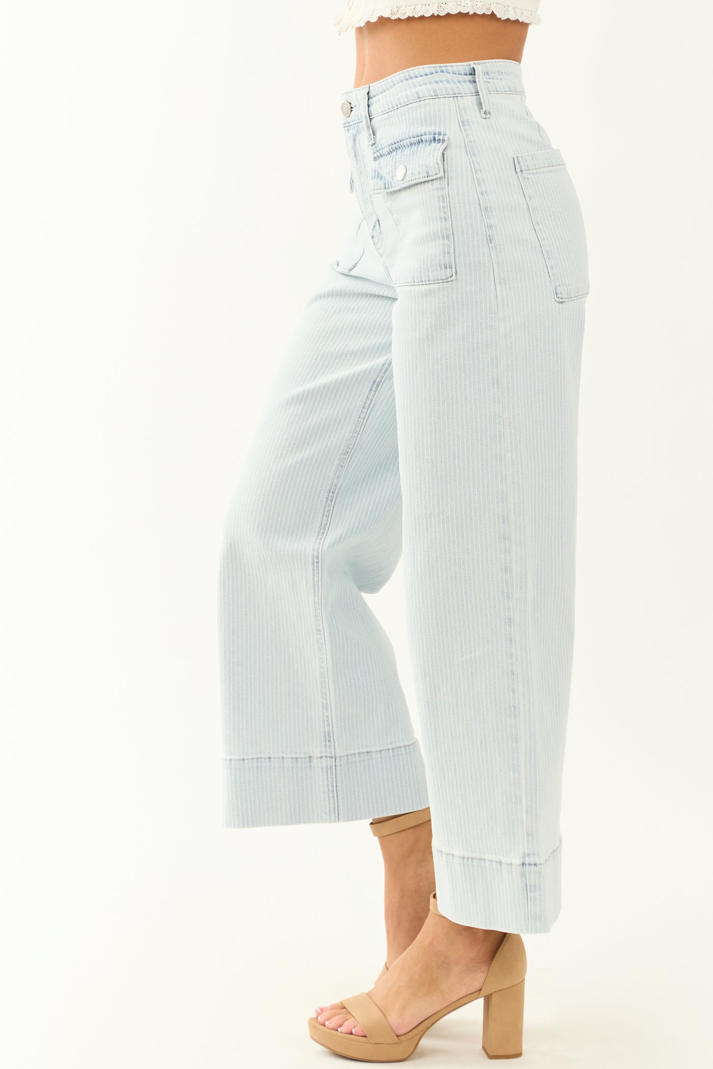 KanCan Light Pin Stripe Patch Pocket Crop Wide Jeans