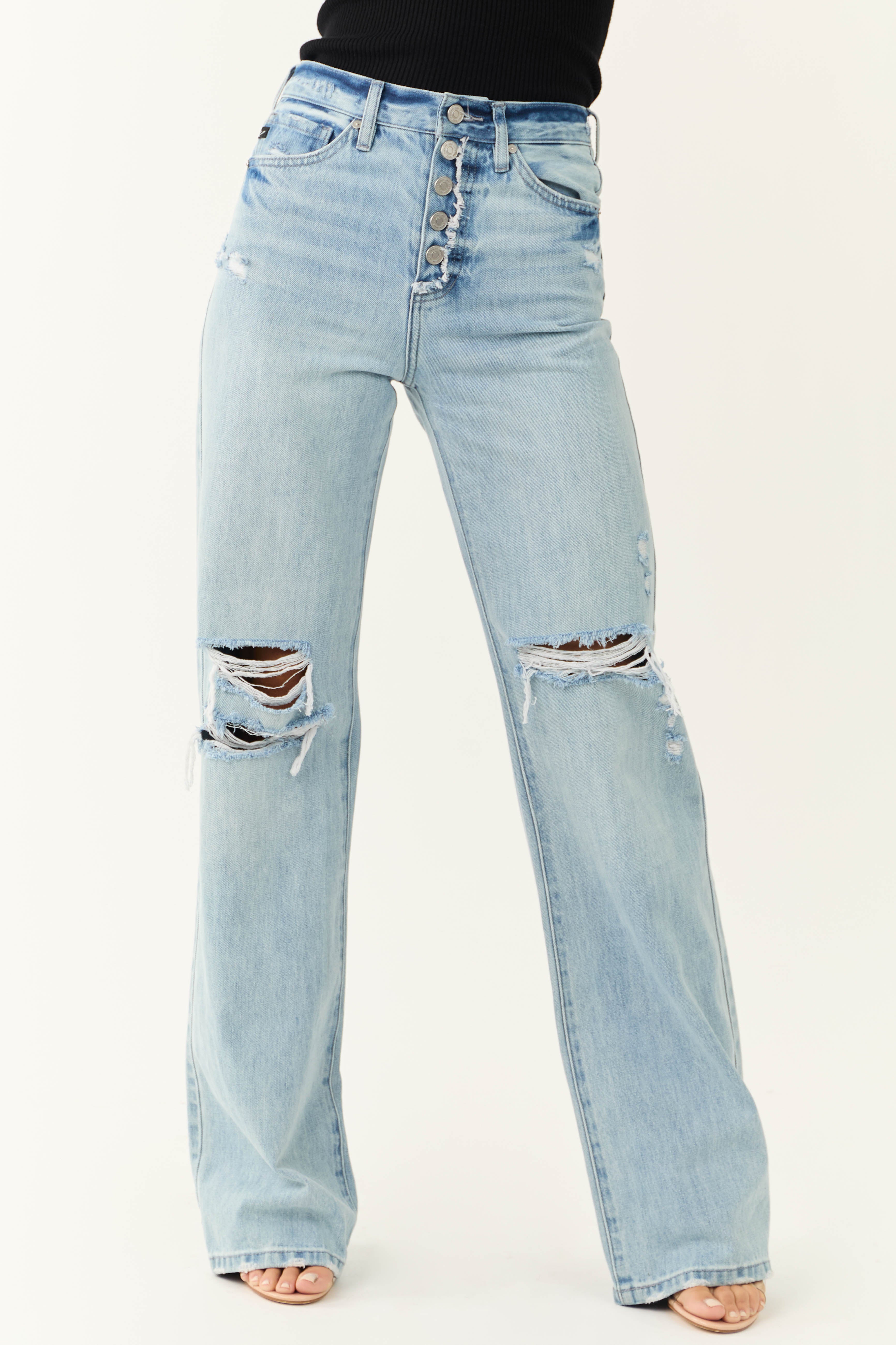 KanCan Light Wash Distressed Button Fly Wide Leg Jeans