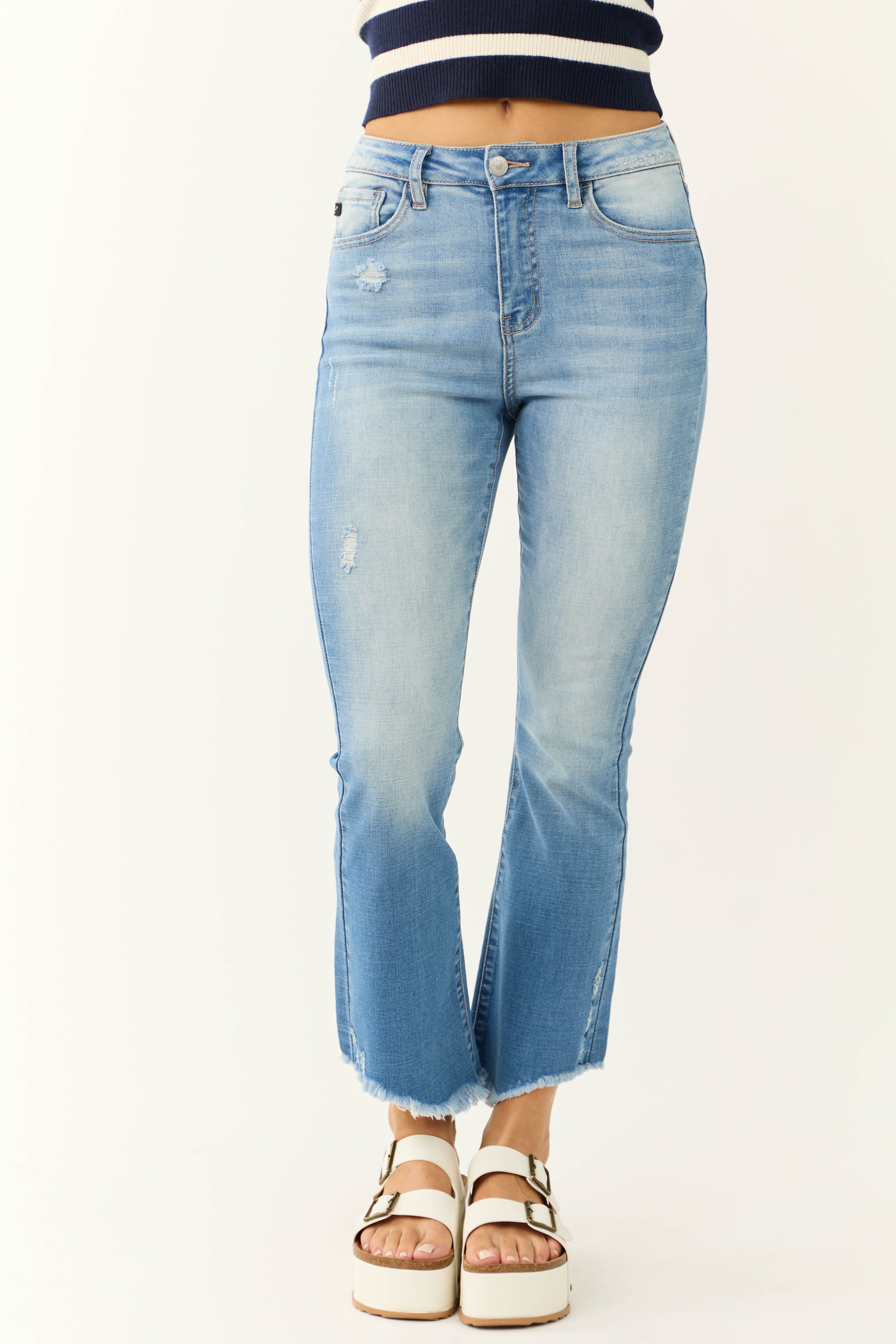 KanCan Medium Light Wash Raw Hem Cropped Flare Jeans