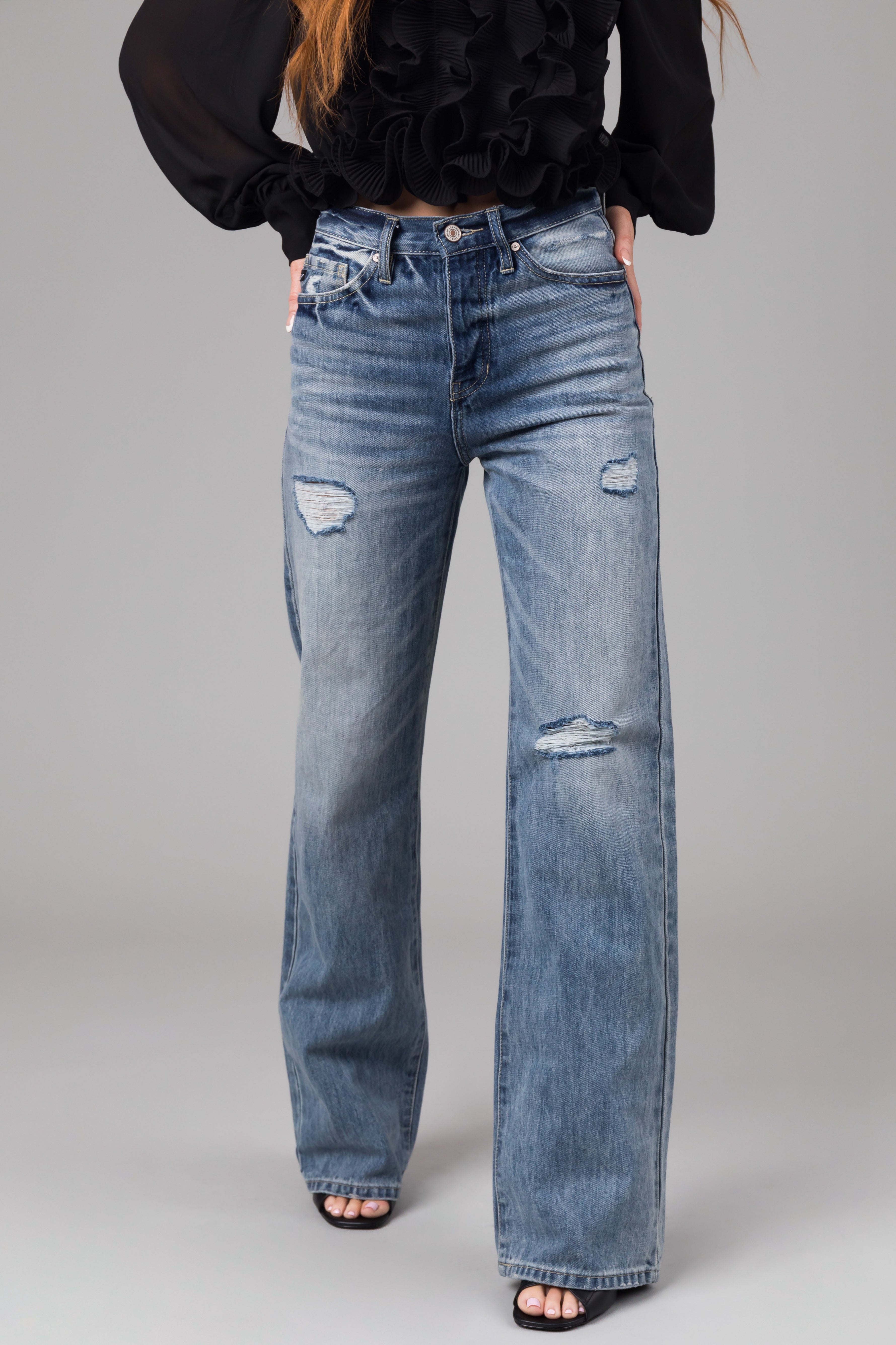 KanCan Medium Mineral Wash Distressed 90's Flare Jeans