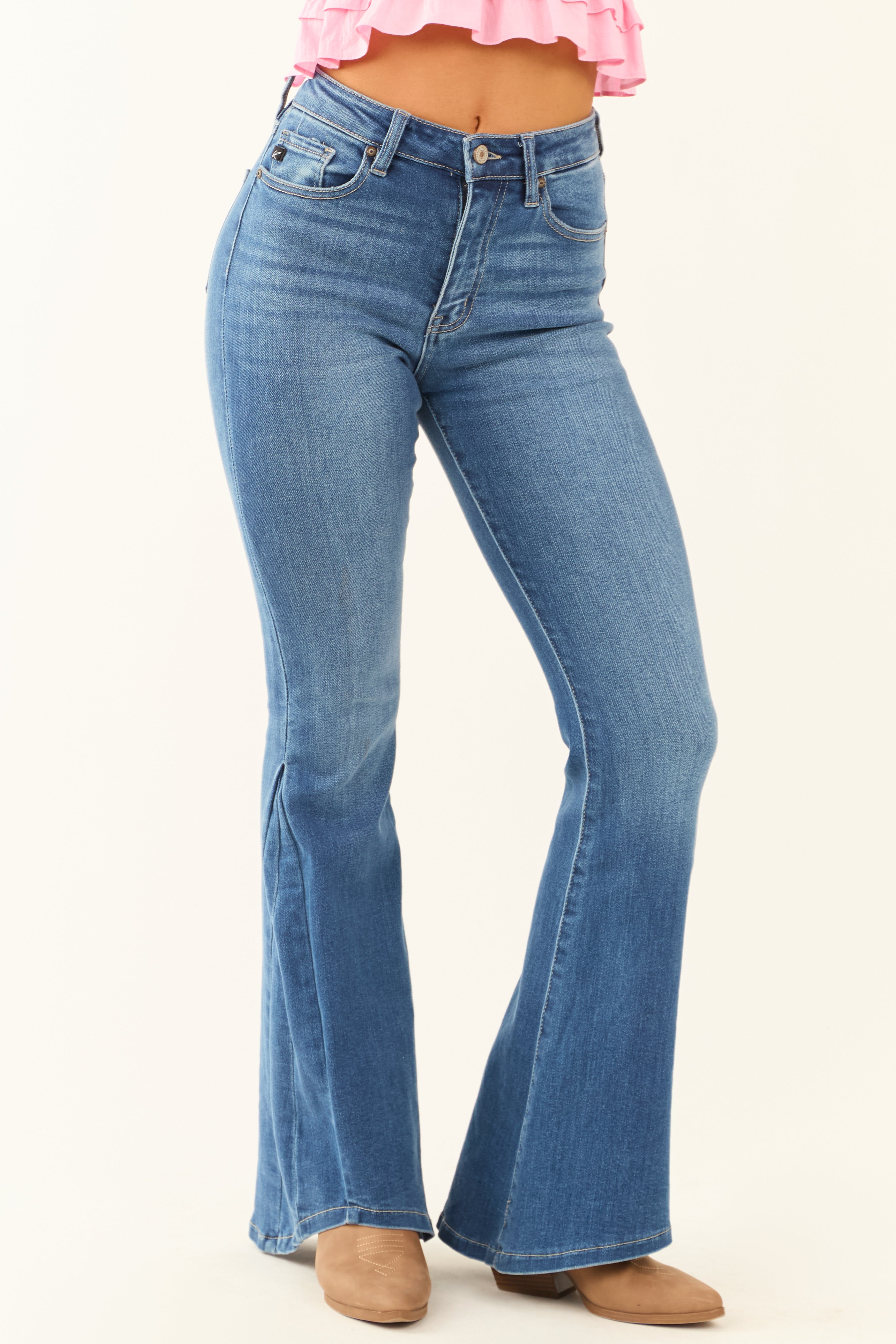 KanCan Medium Wash Angled Hem Flare Leg Jeans