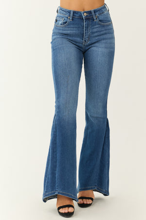 KanCan Medium Wash Angled Hem Flare Leg Jeans