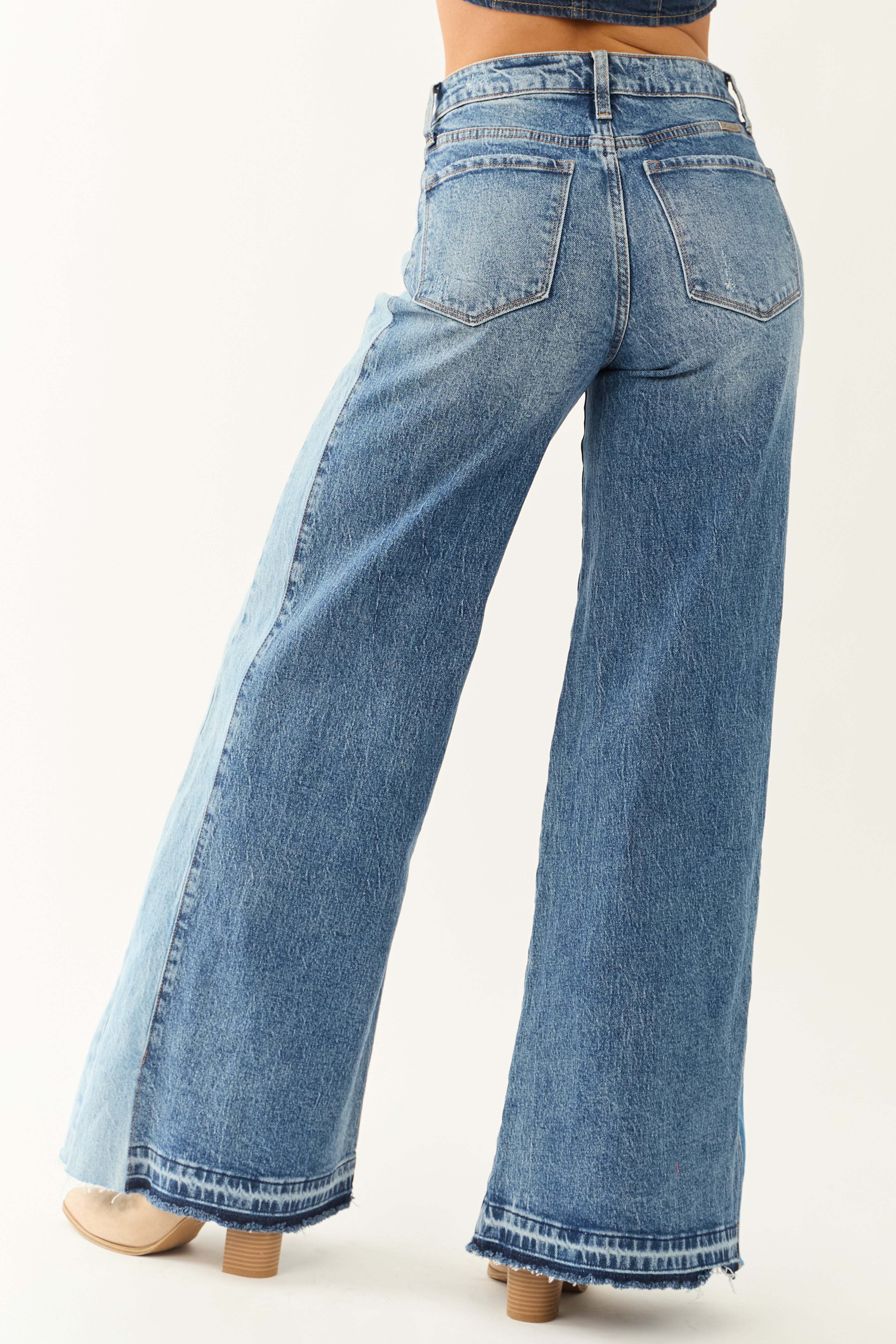 KanCan Medium Wash Contrast Side Panel Wide Leg Jeans