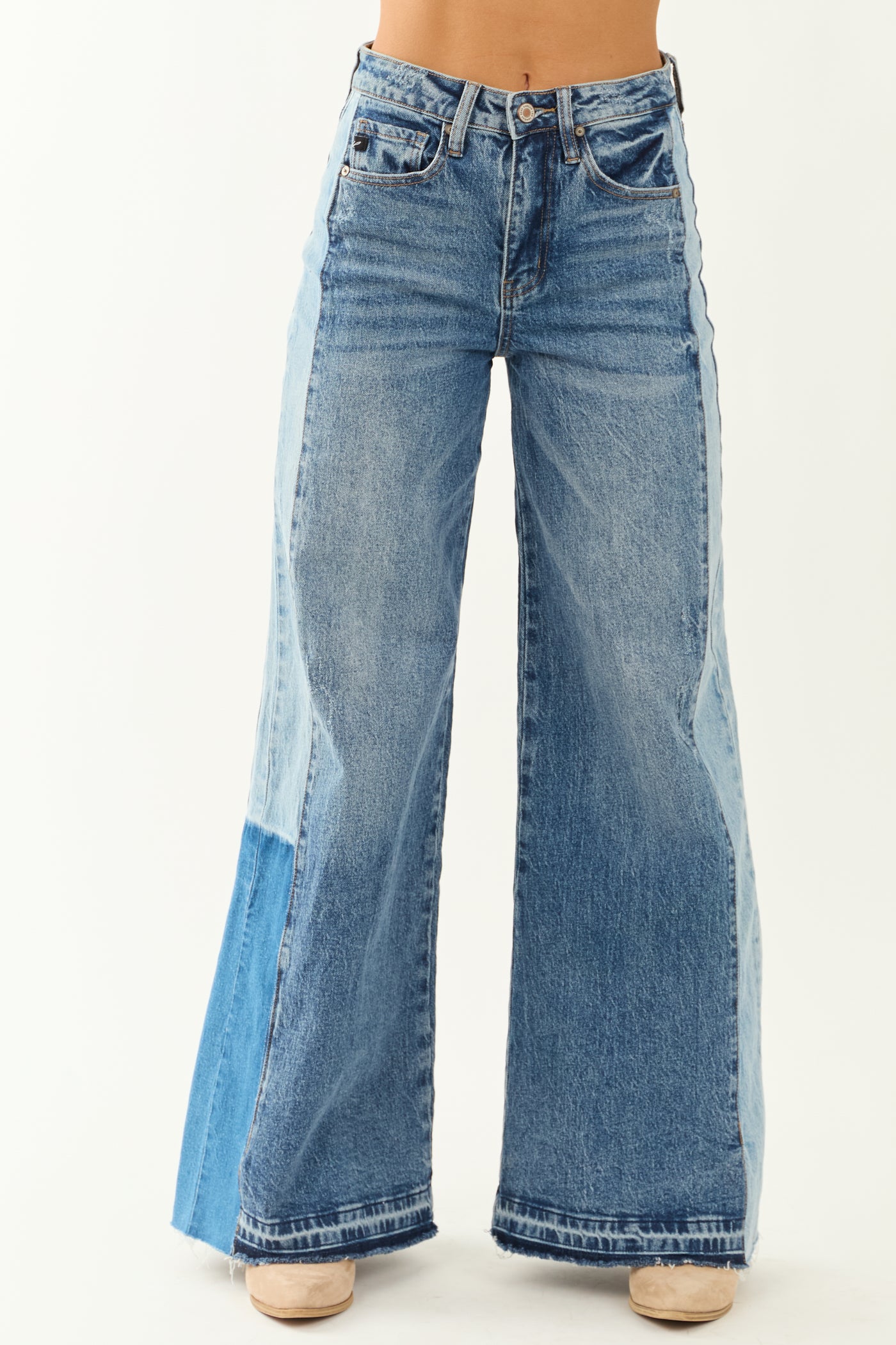 KanCan Medium Wash Contrast Side Panel Wide Leg Jeans