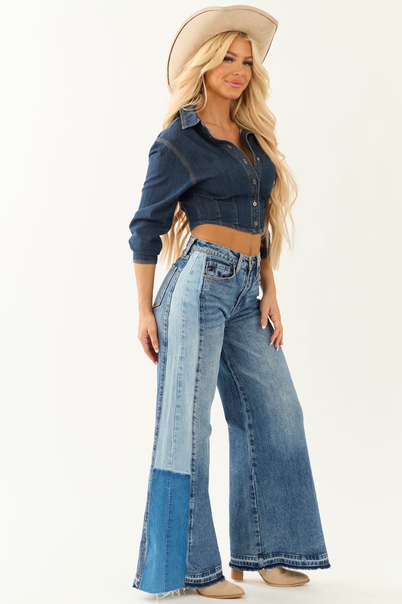 KanCan Medium Wash Contrast Side Panel Wide Leg Jeans